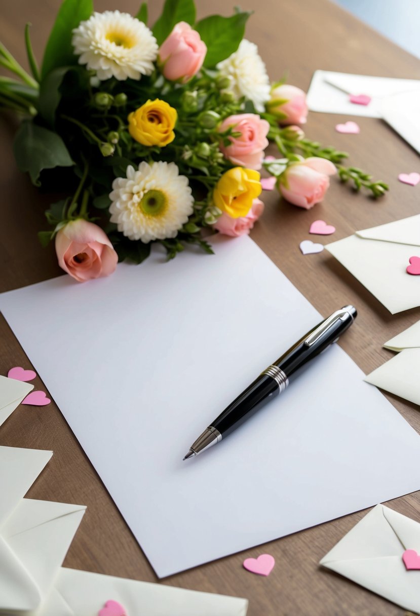 A pen poised over a blank sheet of paper, surrounded by scattered love letters and a bouquet of fresh flowers