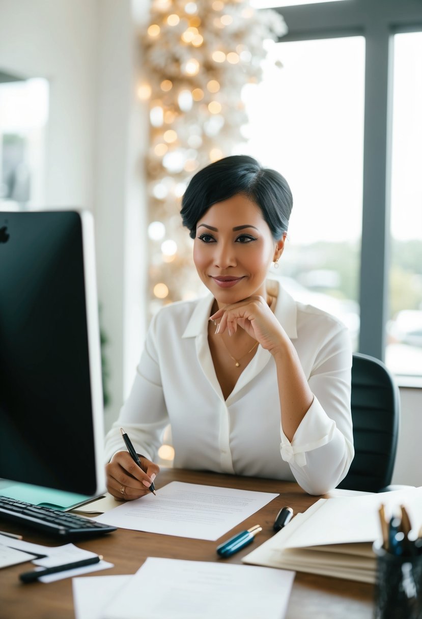 A person sitting at a desk, surrounded by paper, pens, and a computer, with a thoughtful expression while writing wedding vows