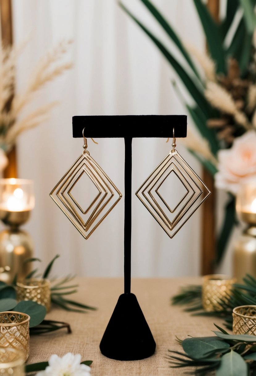 A pair of geometric modern earrings displayed against a bohemian wedding backdrop, surrounded by natural elements and soft lighting