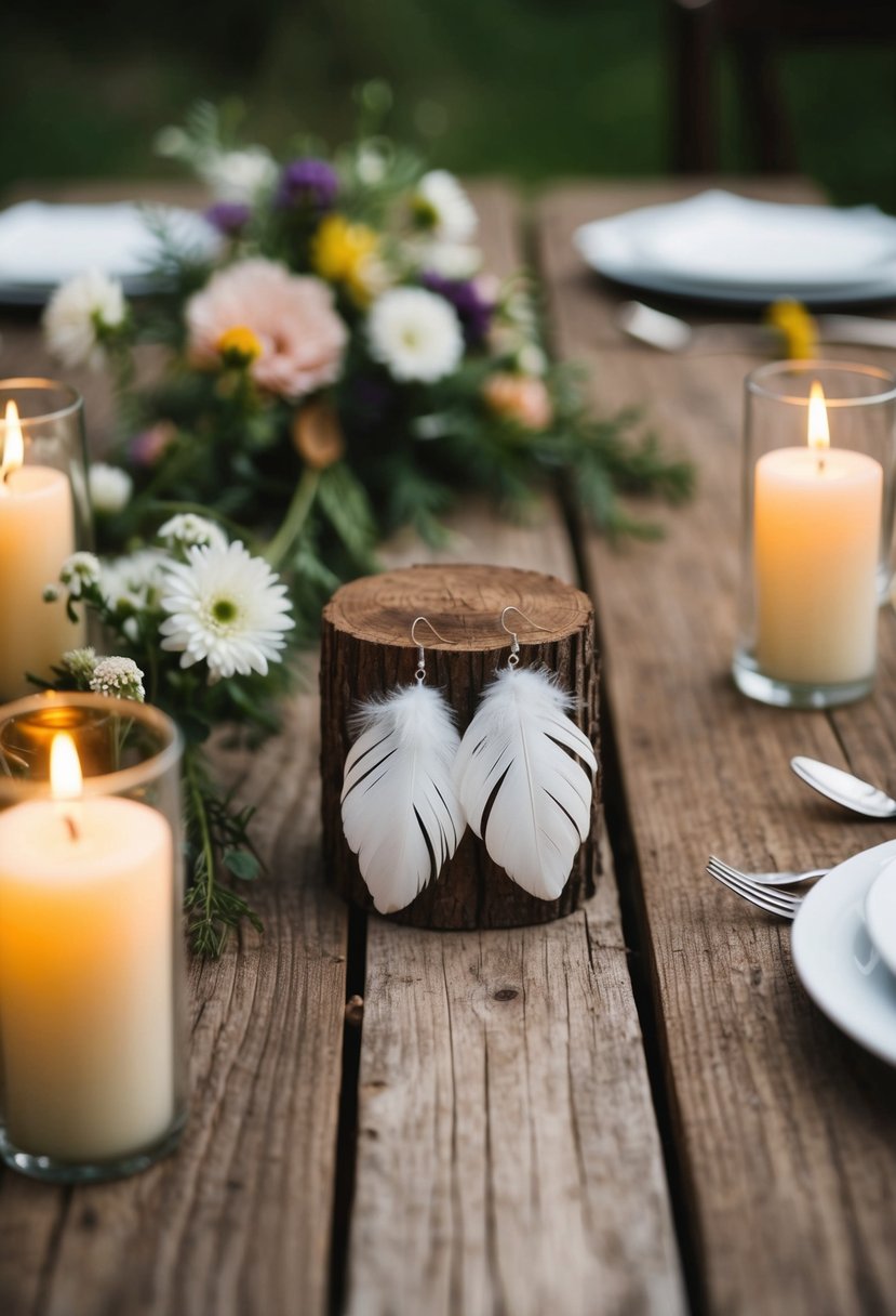 A rustic wooden table adorned with delicate white feathered earrings. Wildflowers and candles create a bohemian wedding atmosphere