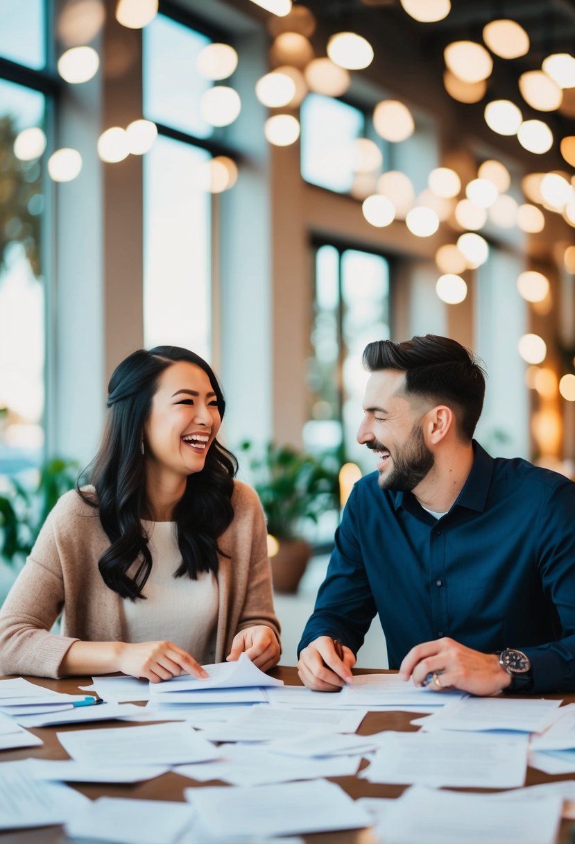 A couple sitting at a table covered in papers, laughing while brainstorming wedding vow ideas