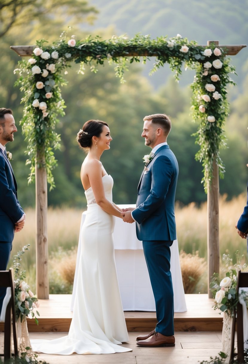 A couple standing at an altar, facing each other with a serene backdrop of nature. They exchange brief, heartfelt vows, focused on their love and commitment