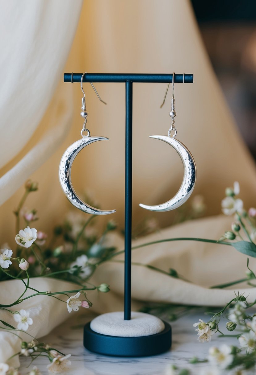 A pair of silver crescent moon earrings hanging from a display stand, surrounded by delicate flowers and flowing fabric