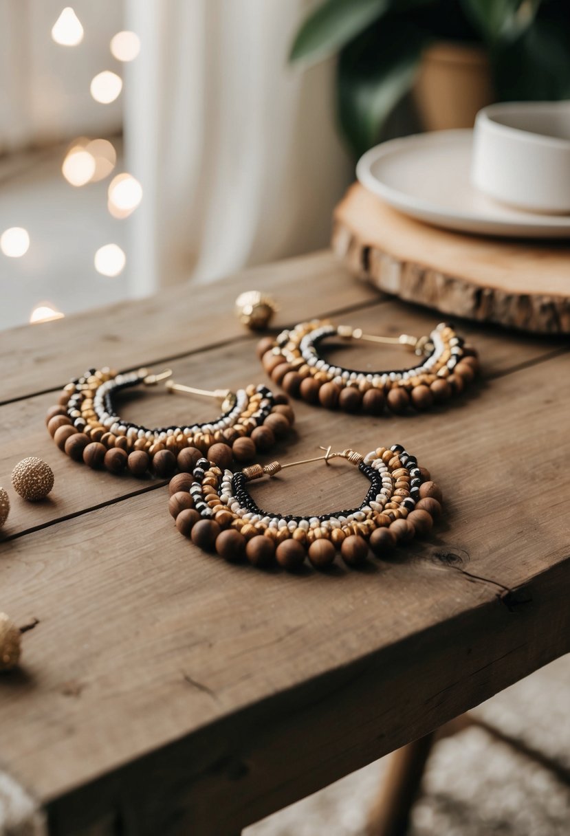 A rustic wooden table adorned with bohemian-inspired beaded earrings in a soft, natural light setting