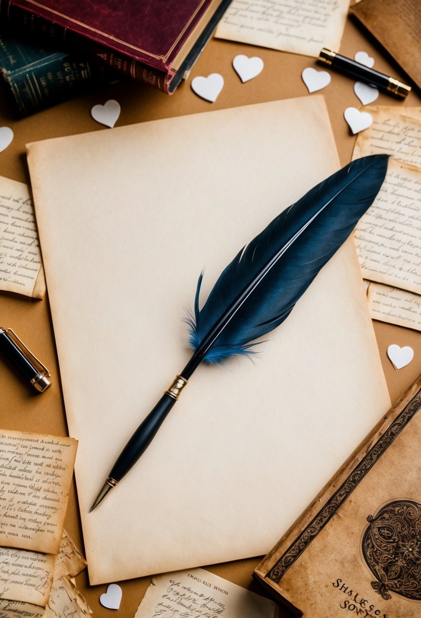 A quill pen poised over a blank parchment, surrounded by scattered love letters and a worn copy of Shakespeare's sonnets