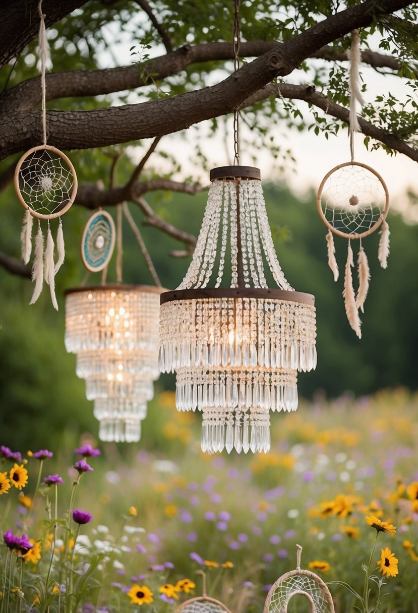 A rustic outdoor wedding setting with crystal boho chandeliers hanging from tree branches, surrounded by wildflowers and dreamcatchers