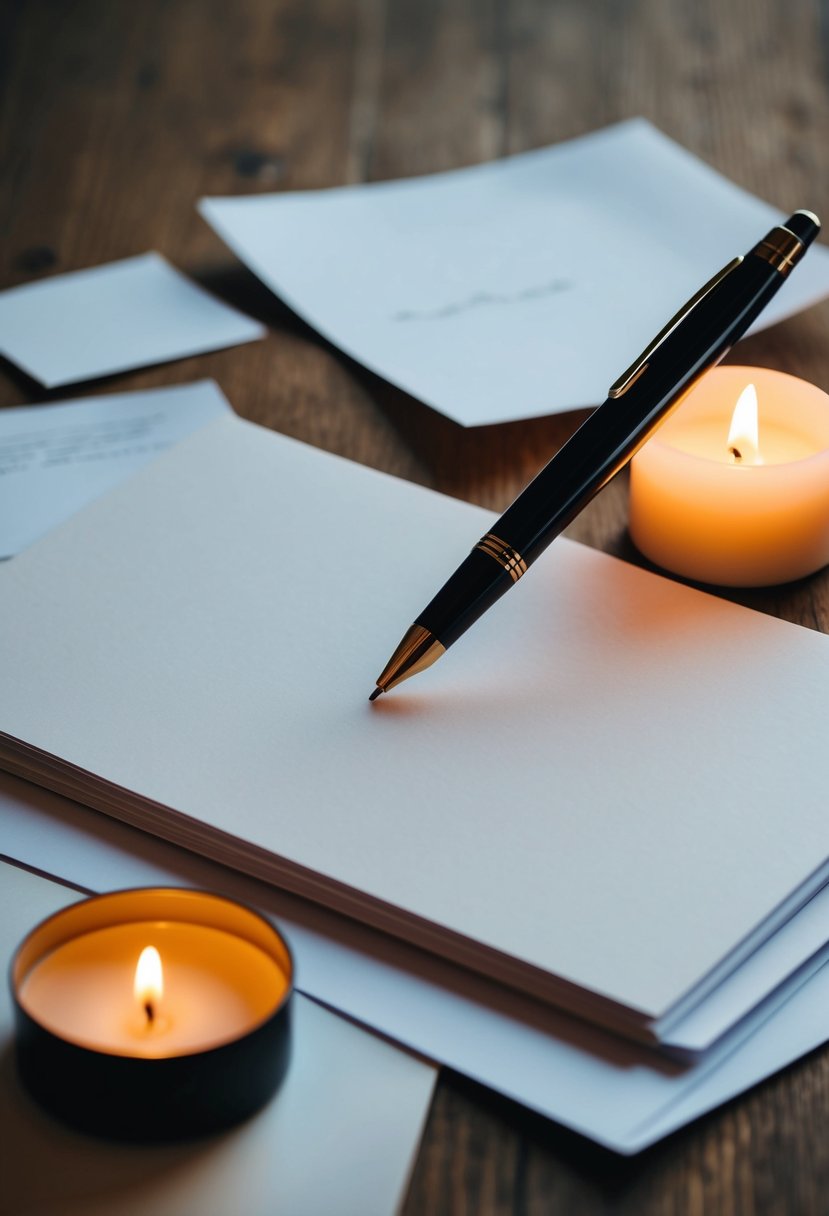 A pen poised over a blank page, surrounded by scattered sheets of paper and a flickering candle, evoking an atmosphere of thoughtful reflection and heartfelt sentiment