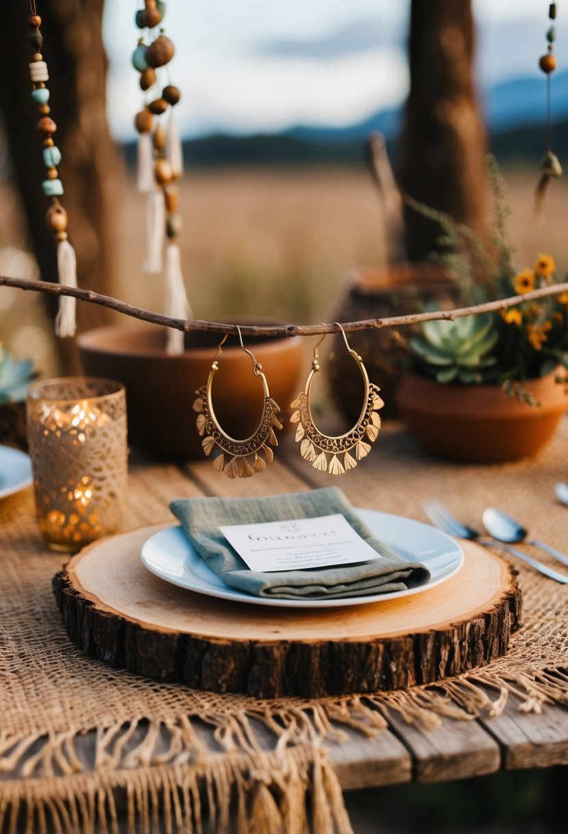 A rustic outdoor wedding setting with a wooden table adorned with bronze tribal hoop earrings, surrounded by earthy bohemian decor