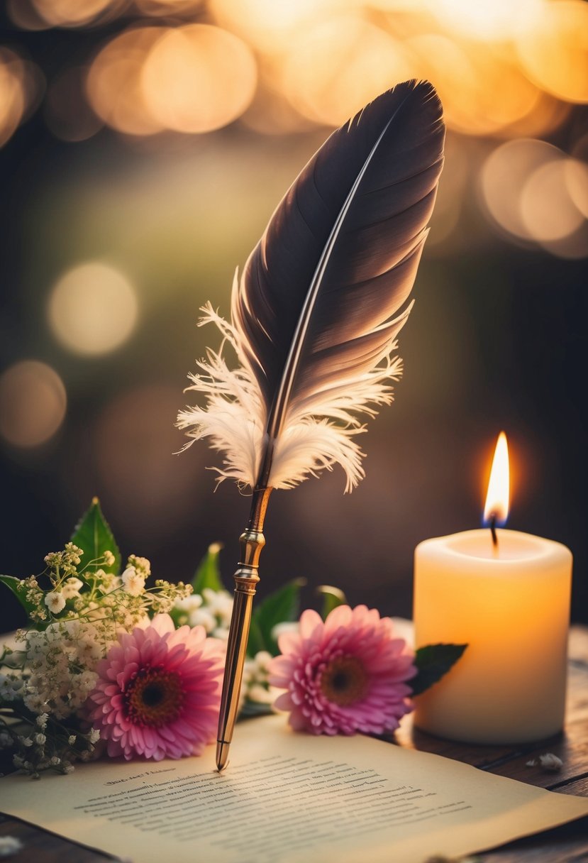 A quill pen poised above a parchment, surrounded by blooming flowers and a candle, symbolizing the promise and commitment of wedding vows