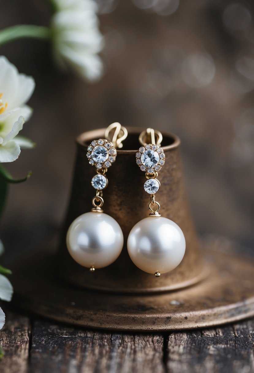 A pair of boho wedding earrings featuring pearl and rhinestone clips, set against a rustic backdrop with delicate floral accents