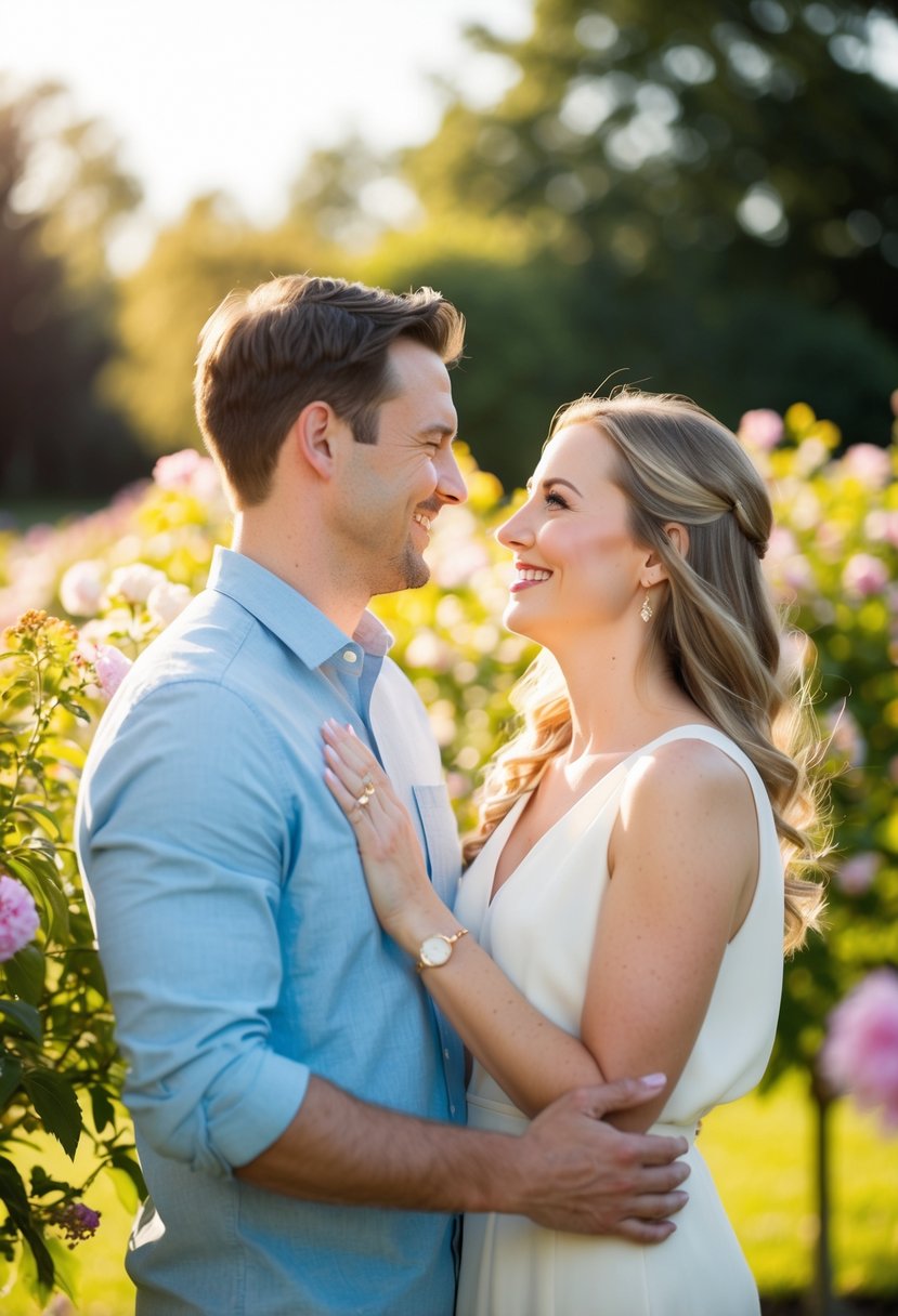 A couple standing in a sunlit garden, exchanging heartfelt looks with smiles, surrounded by blooming flowers and a gentle breeze