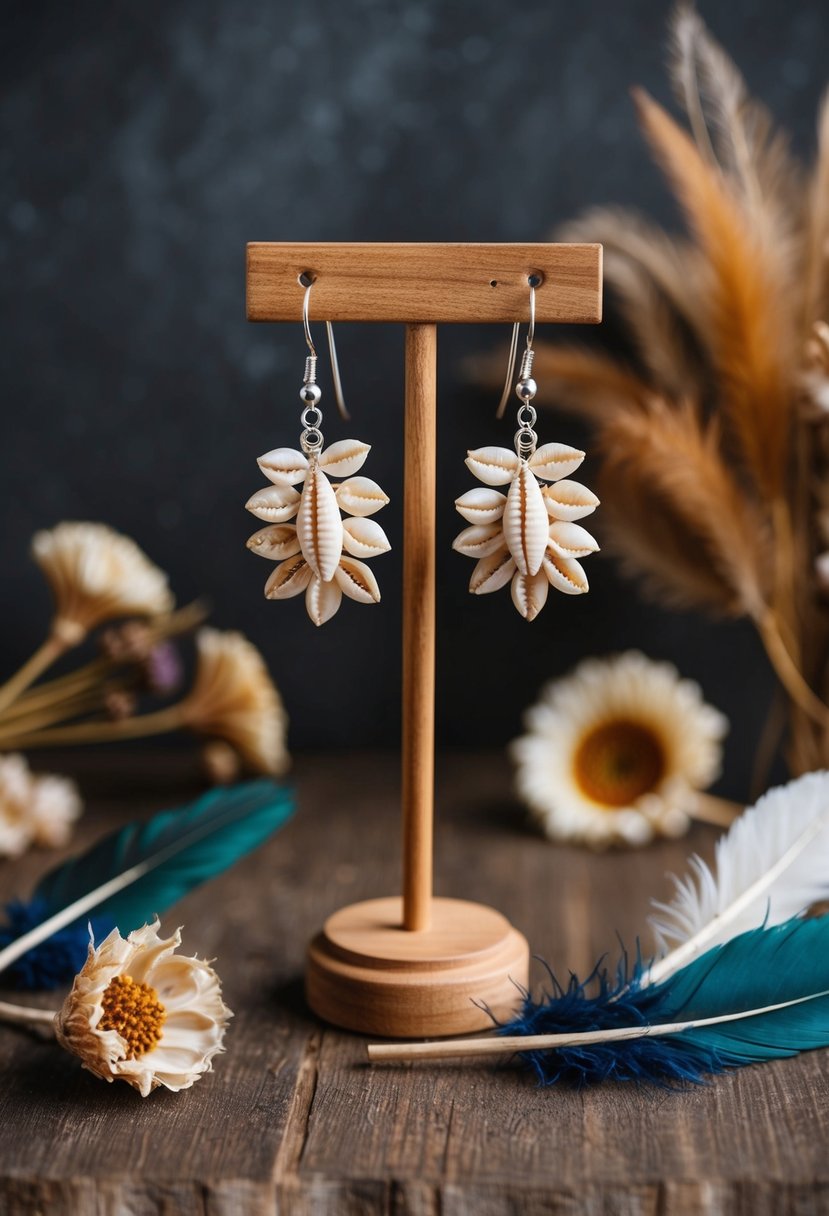 A pair of shell cluster earrings hanging from a wooden jewelry stand, surrounded by dried flowers and feathers