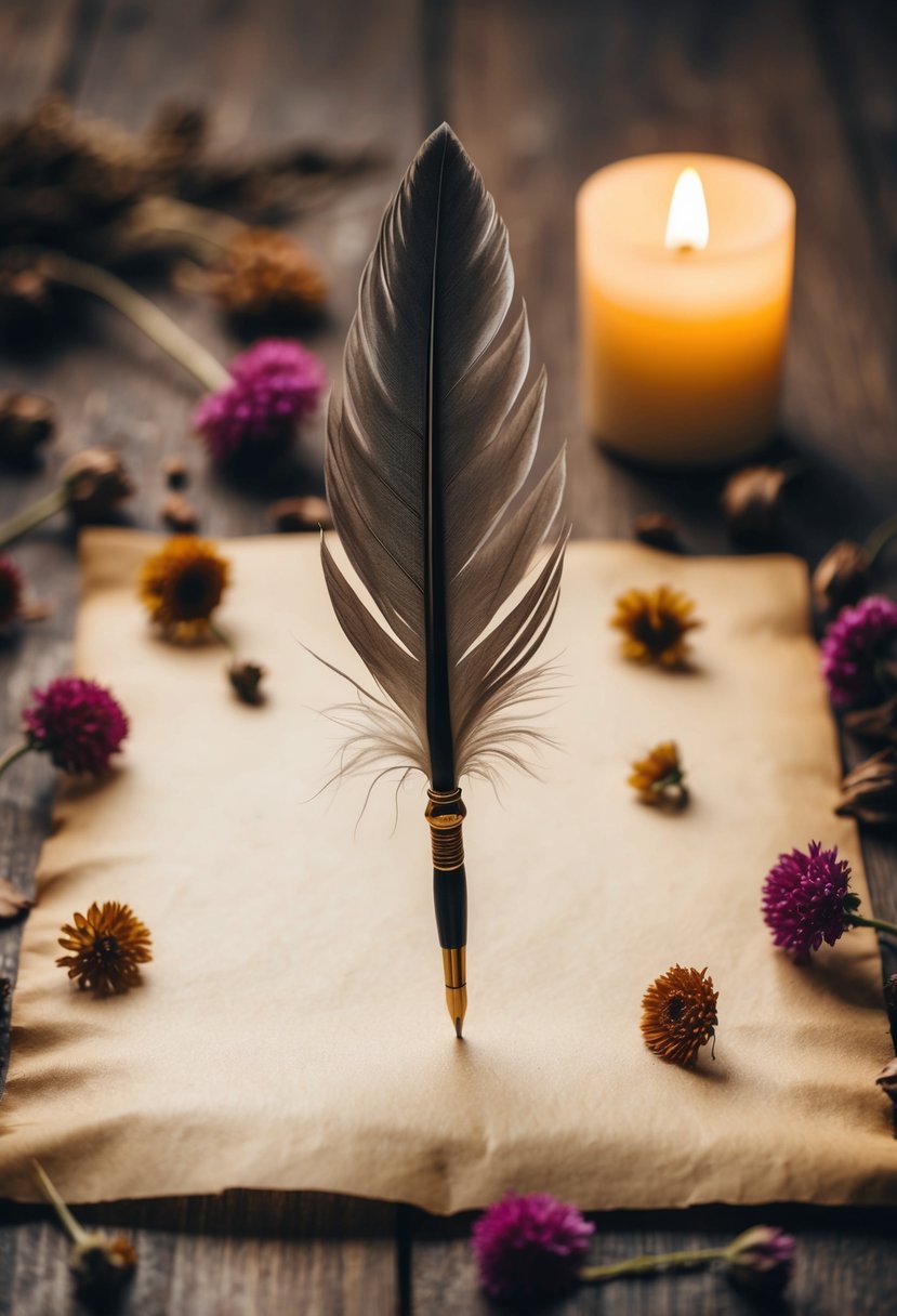 A quill pen poised over a blank parchment, surrounded by scattered dried flowers and a flickering candle