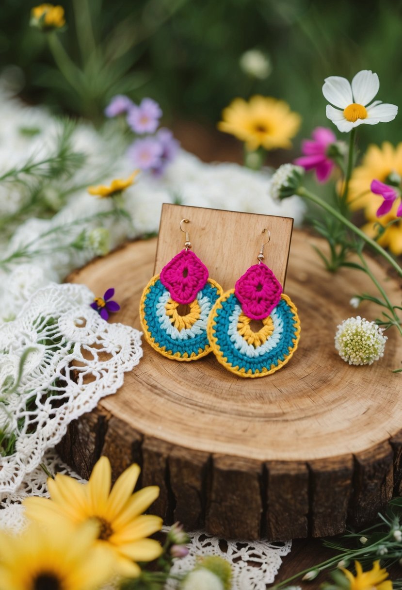 A wooden table adorned with colorful boho crochet earrings, surrounded by delicate lace and wildflowers