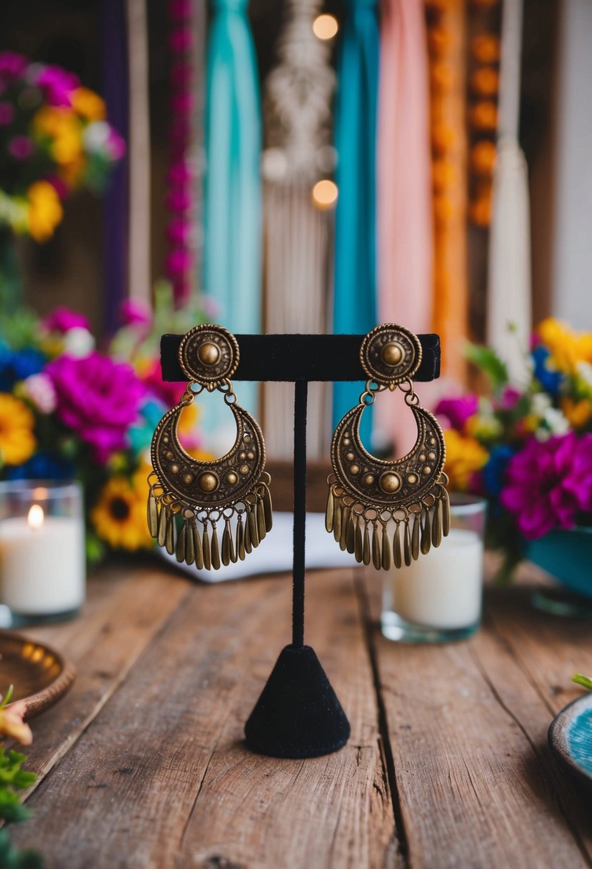 A pair of antique brass gypsy earrings displayed on a rustic wooden table, surrounded by colorful bohemian wedding decor