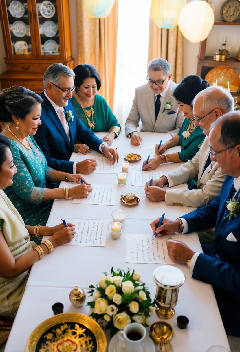 A family sitting around a table, passing down handwritten wedding vows through generations, surrounded by cultural symbols and traditions