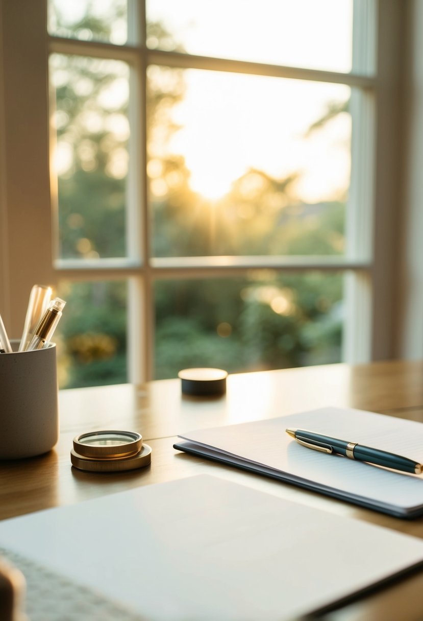 A cozy study with a desk, pen, and paper. Soft sunlight streams through the window, creating a warm and inviting atmosphere for writing wedding vows