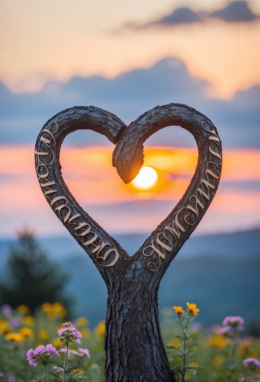 A heart-shaped tree carving with intertwined initials, surrounded by blooming wildflowers and a serene sunset in the background