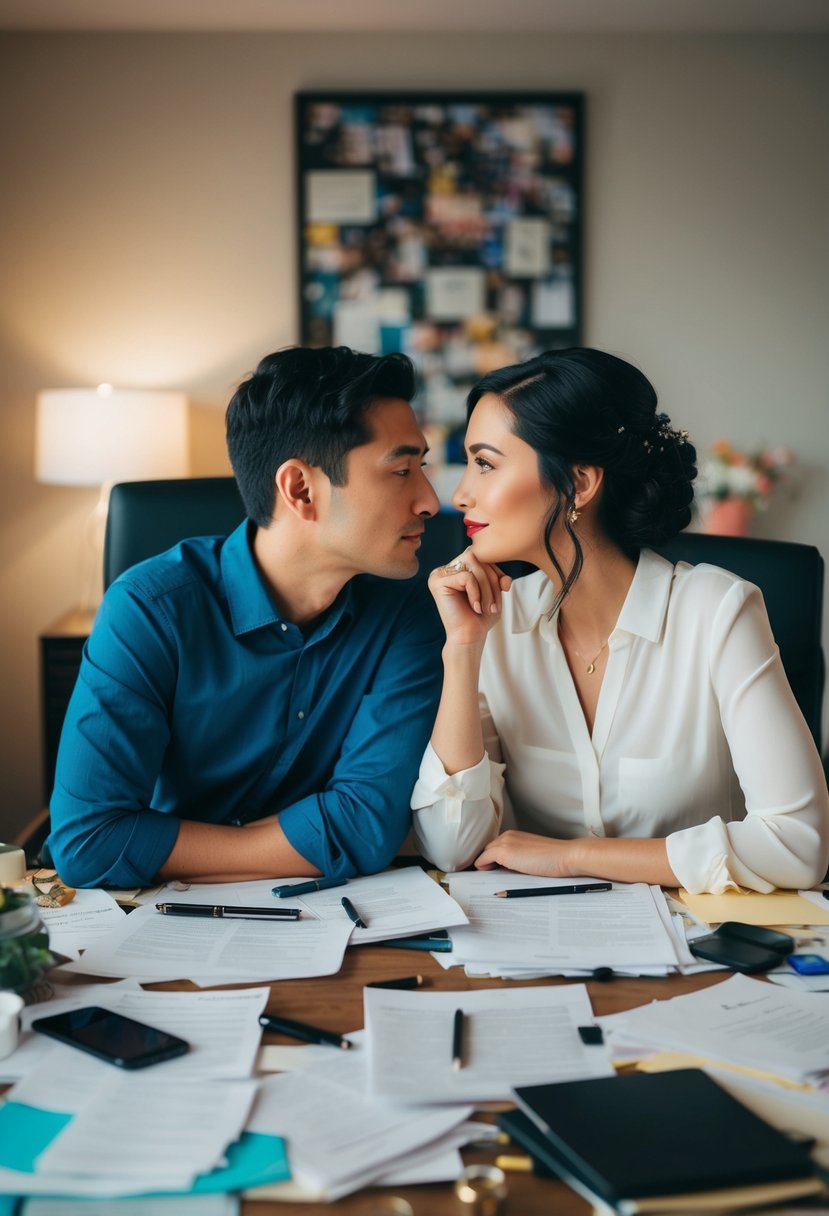 A couple sits at a cluttered desk, surrounded by crumpled papers and pens. They stare into each other's eyes, deep in thought, trying to balance romantic sentiments with practical promises for their wedding vows