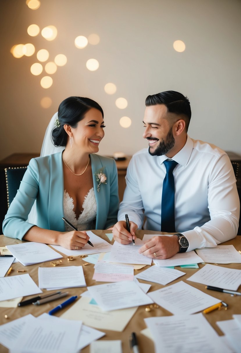 A couple sitting at a table covered in paper, pens, and scattered notes, smiling as they share a memorable story while writing their wedding vows