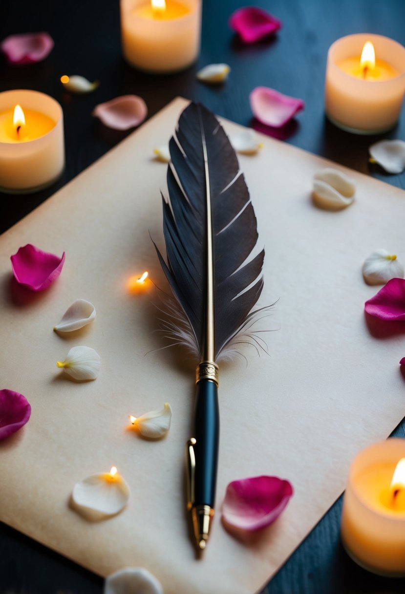 A quill pen poised over a blank parchment, surrounded by scattered rose petals and flickering candlelight