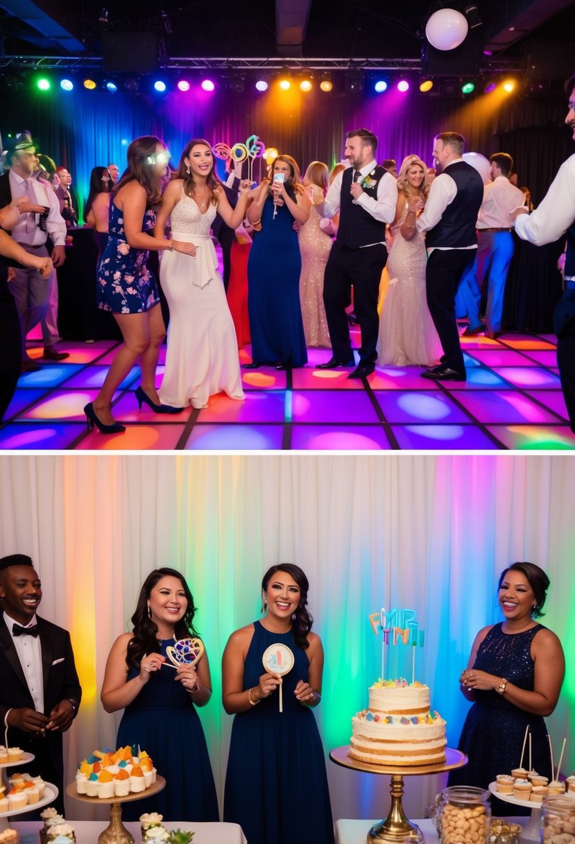 A lively dance floor with colorful lights and music, guests laughing and mingling, a photo booth with props, and a dessert table with a variety of sweet treats