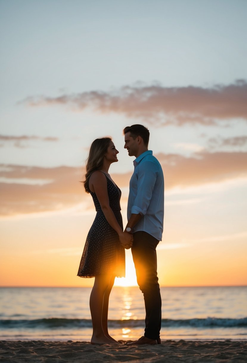 A couple standing on a beach at sunset, holding hands and looking into each other's eyes with a sense of love and commitment