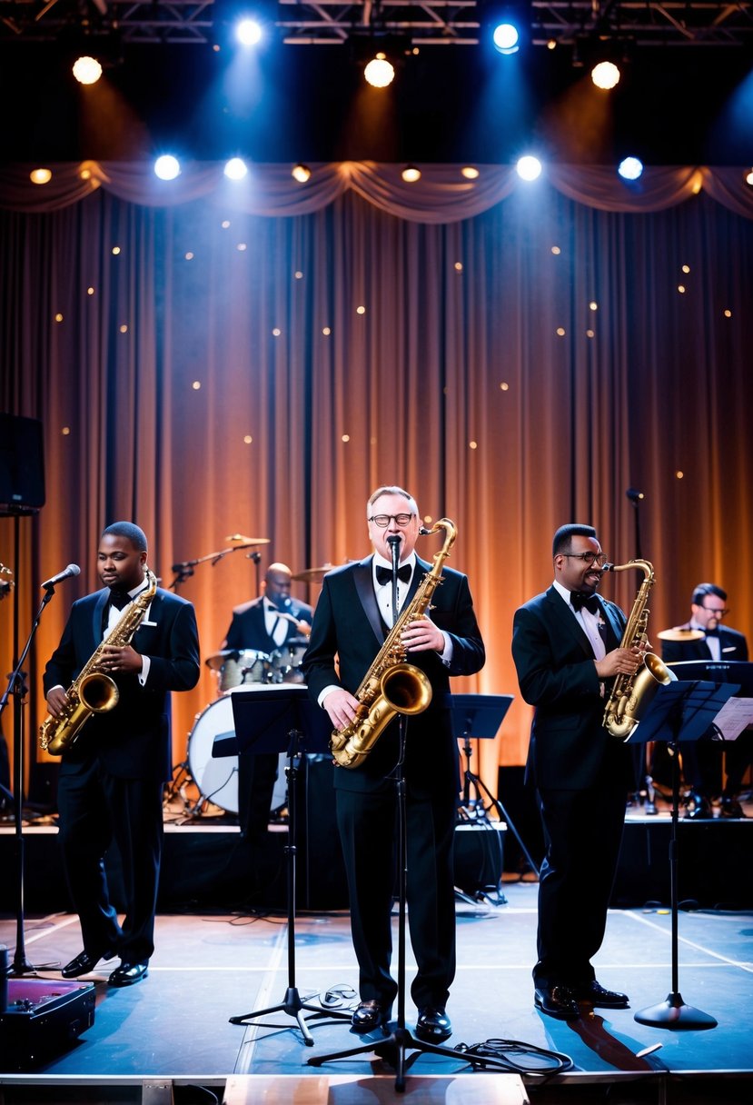 A jazz band performing on stage at a wedding, with instruments and musicians in the spotlight