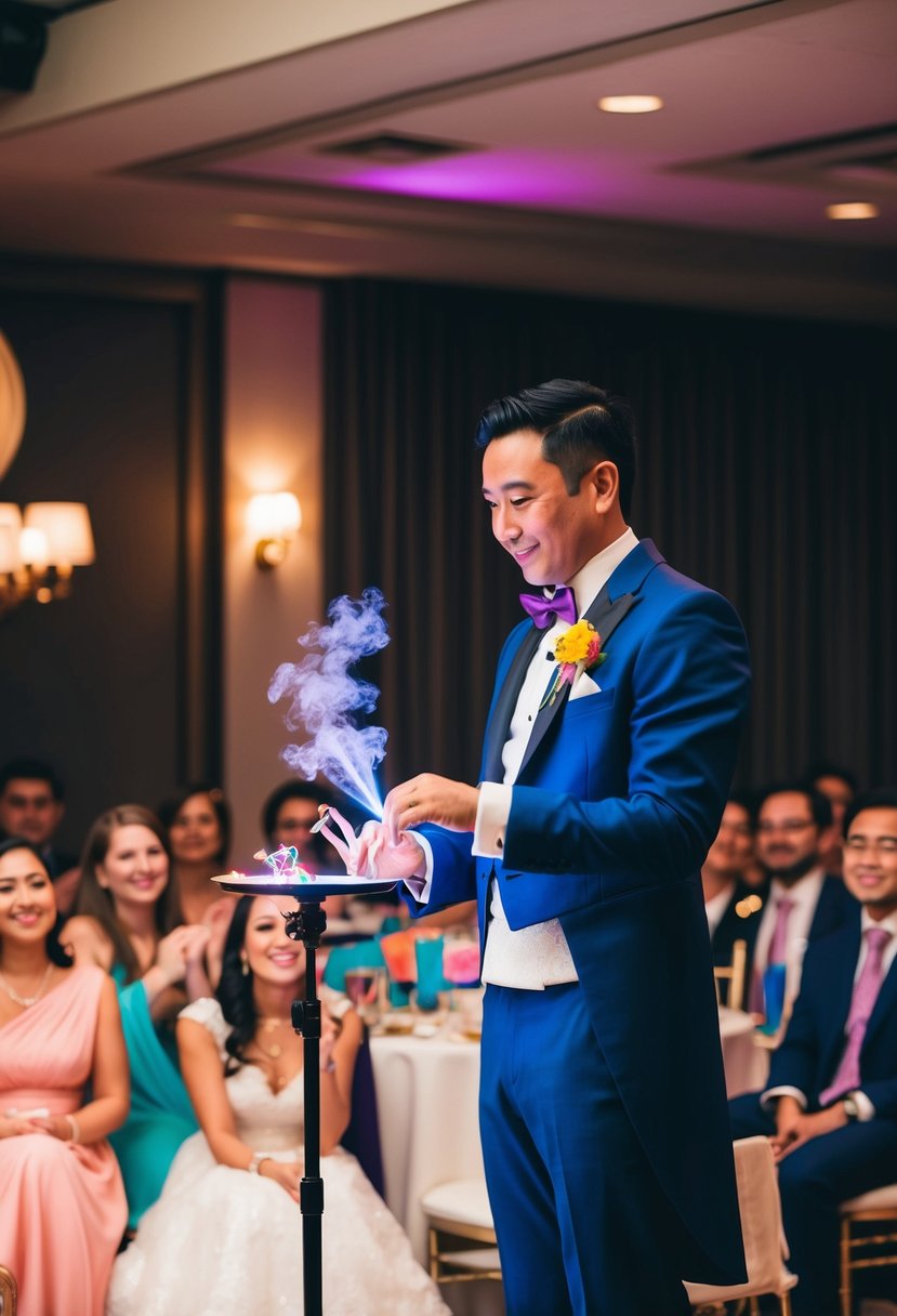 A magician performing tricks on a stage at a wedding, with colorful props and audience reactions