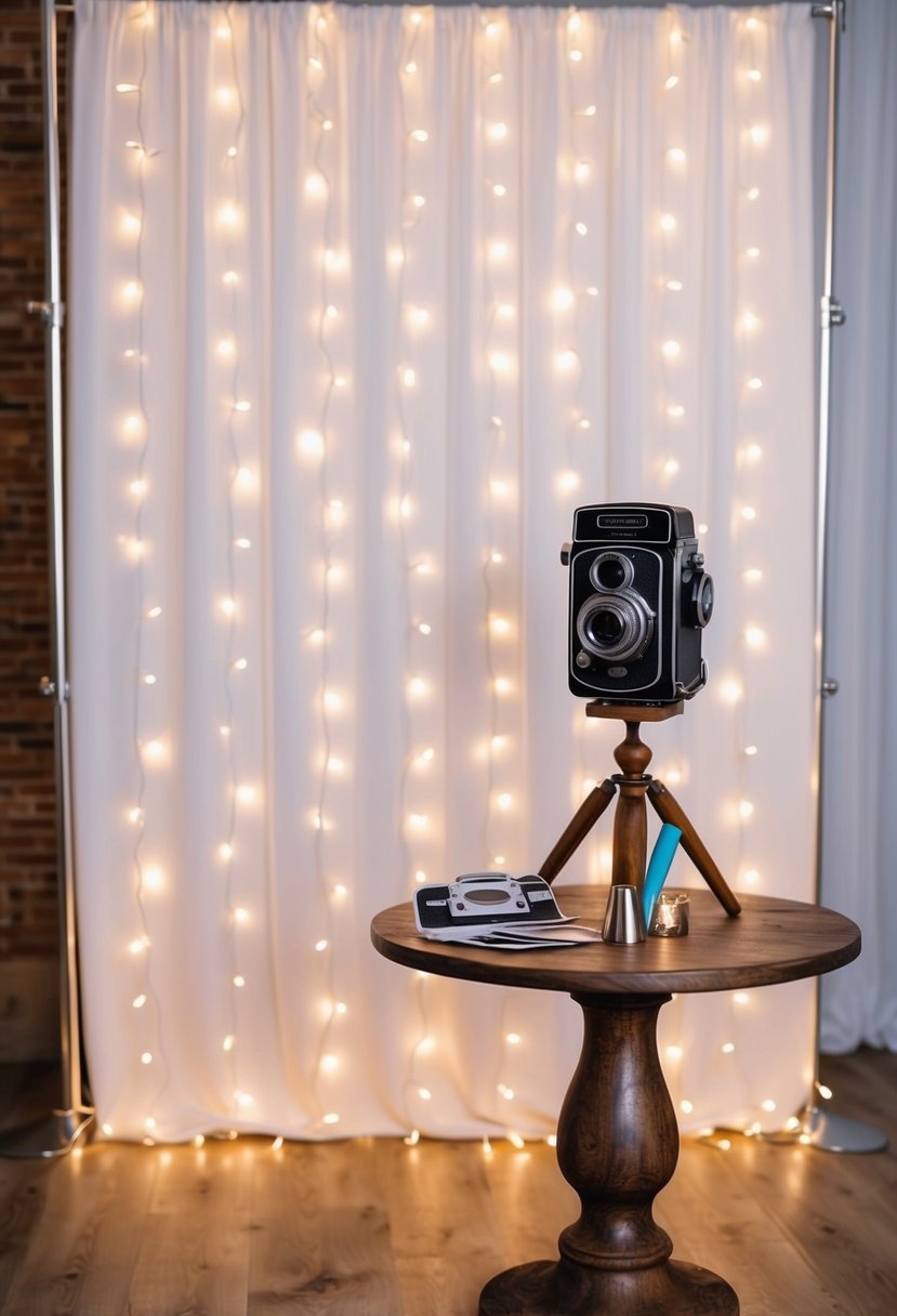 A photo booth with a backdrop of twinkling fairy lights, a table of props, and a vintage camera on a rustic wooden stand