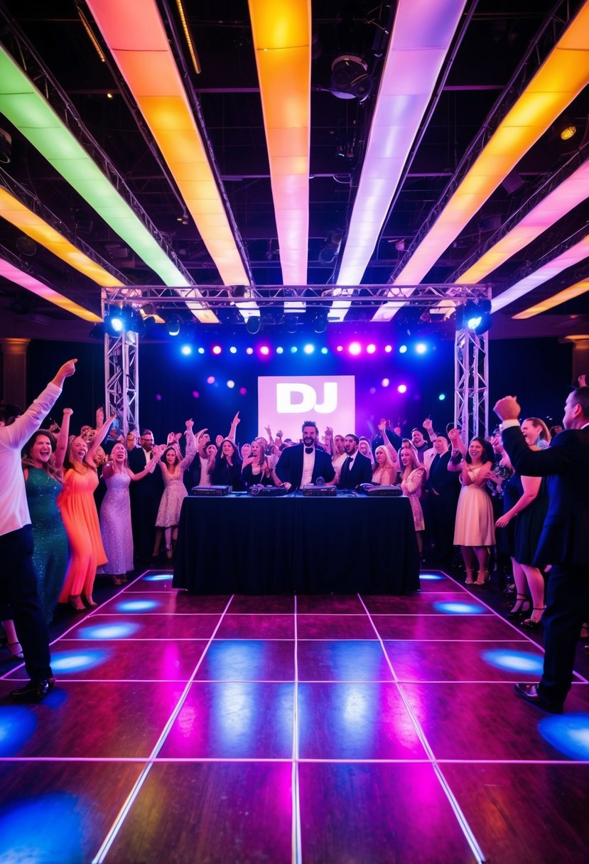 A lively dance floor with colorful lights, a DJ booth, and a crowd of cheering guests