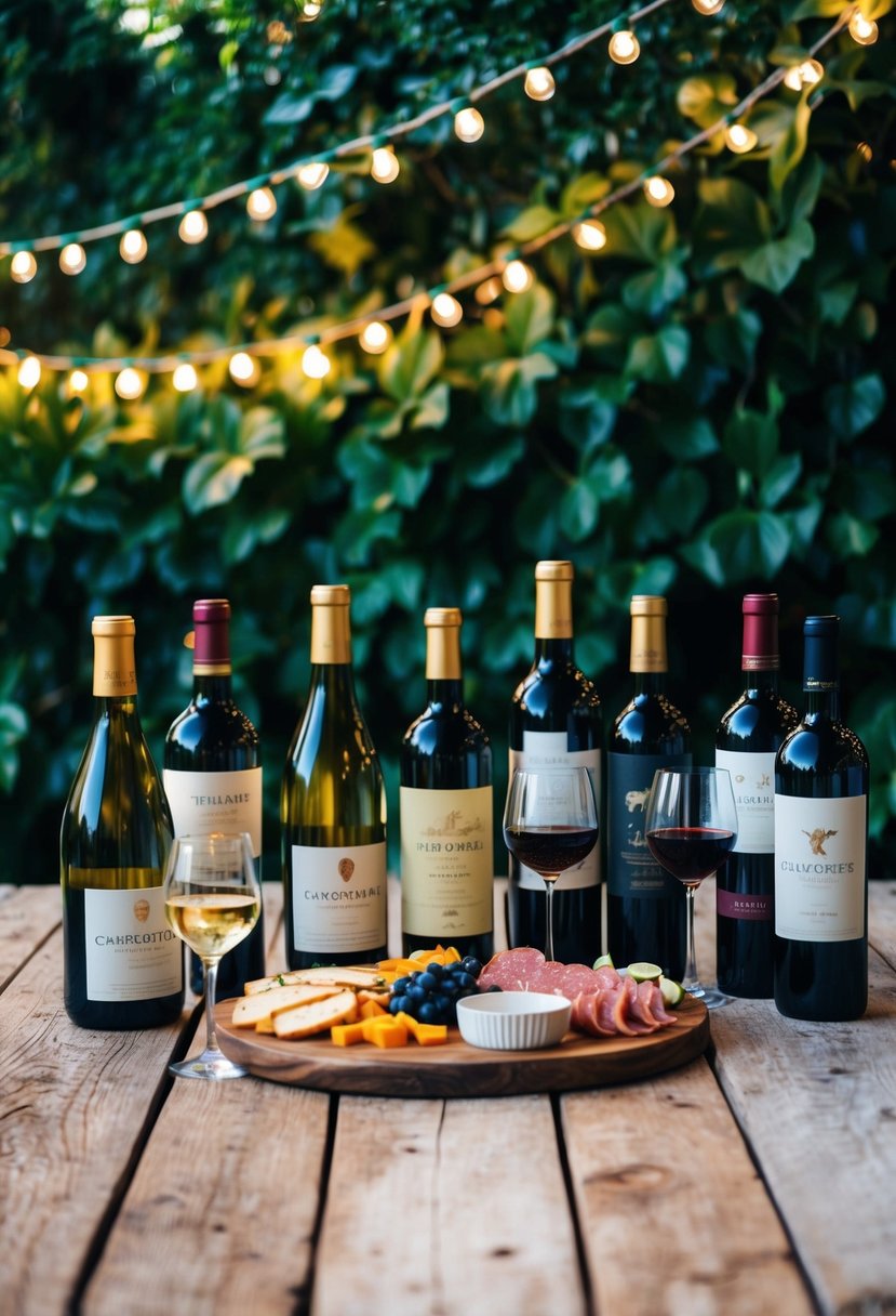 A rustic wooden table adorned with various wine bottles, glasses, and charcuterie boards, set against a backdrop of lush greenery and twinkling fairy lights