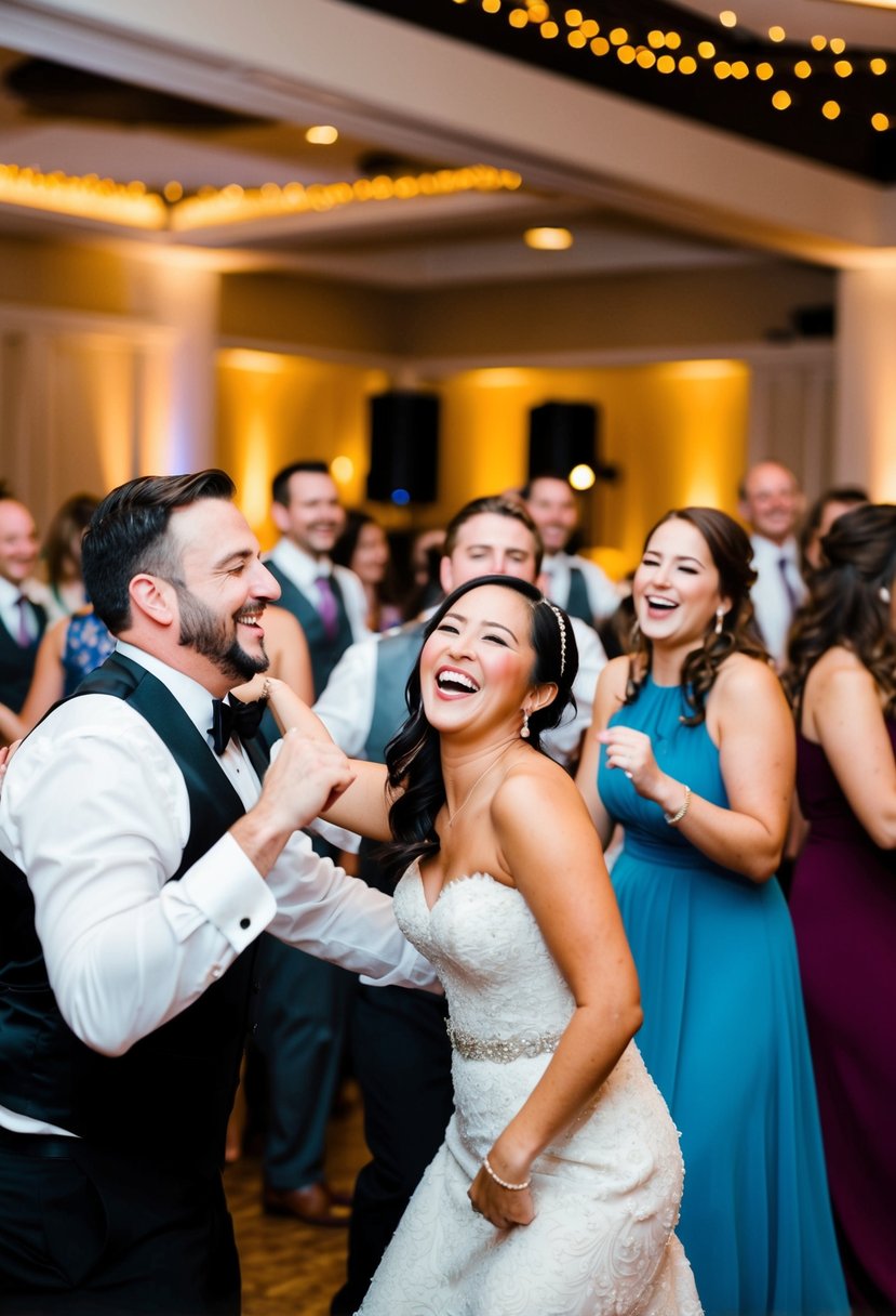 A lively wedding reception with guests dancing, laughing, and enjoying music played by a live band