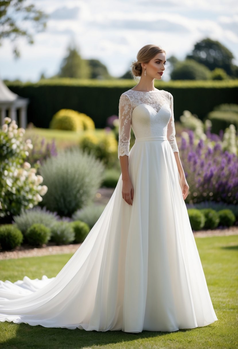 A bride standing in a garden, wearing a flowing 3/4 sleeve wedding dress with delicate lace details and a long, elegant train