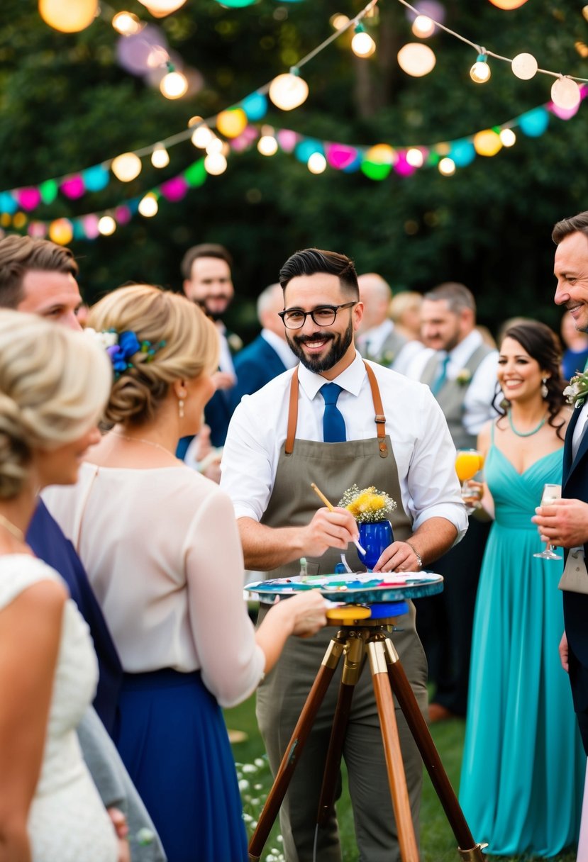 A live painter capturing the joyous atmosphere of a wedding, surrounded by guests and colorful decorations