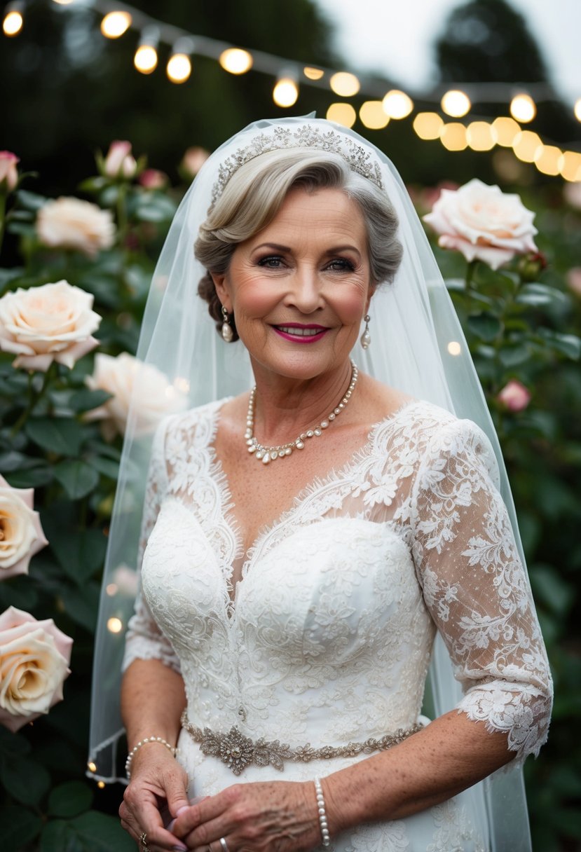 A 50-year-old bride stands in a vintage lace wedding dress, surrounded by blooming roses and twinkling fairy lights