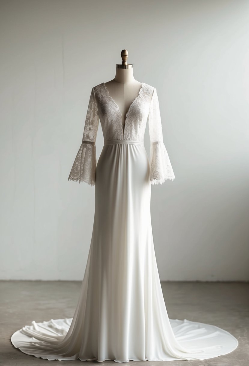 A mannequin wearing a flowing wedding dress with delicate lace bell sleeves, illuminated by soft natural light in a minimalist studio setting