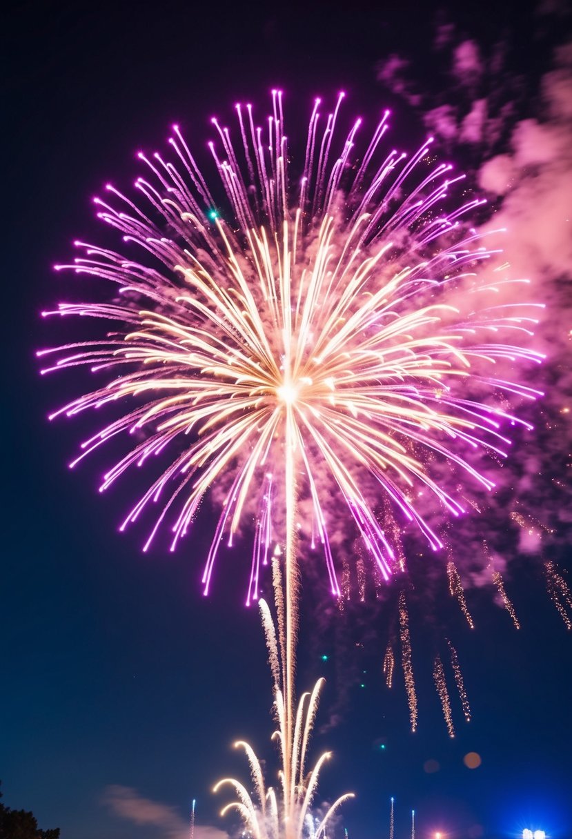 A colorful burst of fireworks lights up the night sky, creating a dazzling display of sparkling patterns and vibrant colors, filling the air with excitement and joy