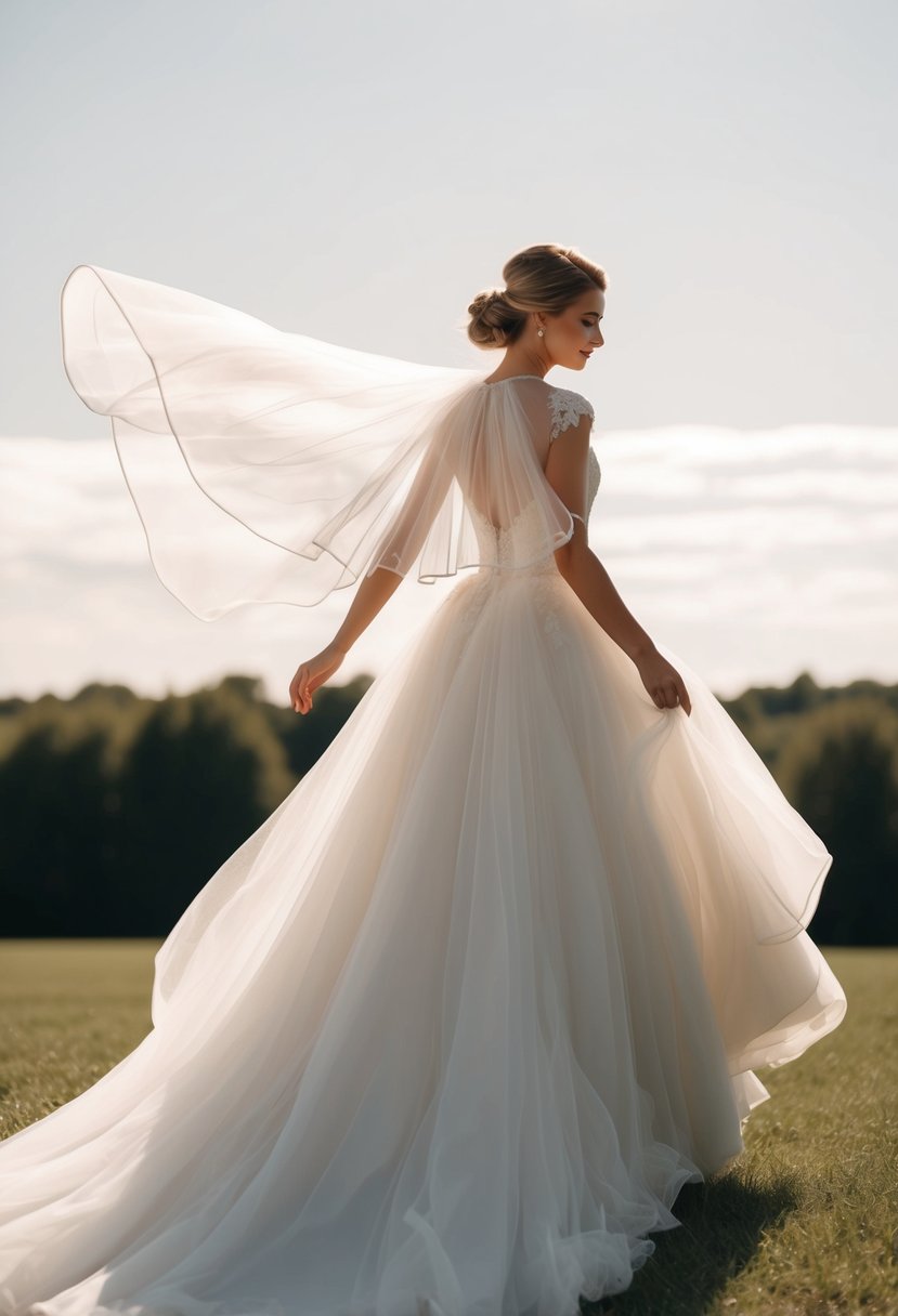 A flowing wedding dress with sheer cape sleeves billows in the gentle breeze, creating a dreamy and ethereal silhouette