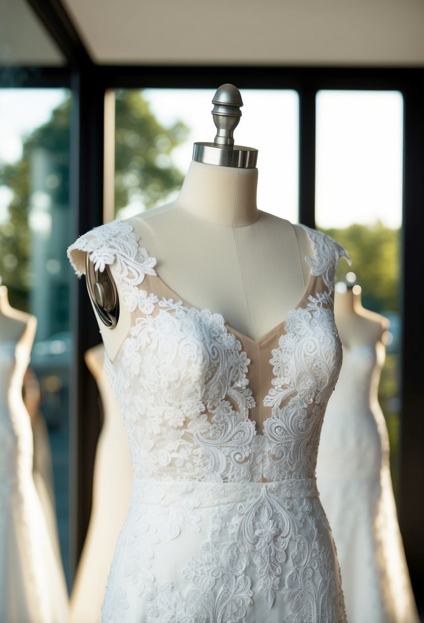 A lace wedding dress displayed on a modern mannequin