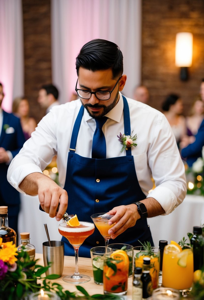 A mixologist carefully crafts custom cocktails at a wedding reception, surrounded by an array of vibrant and aromatic ingredients