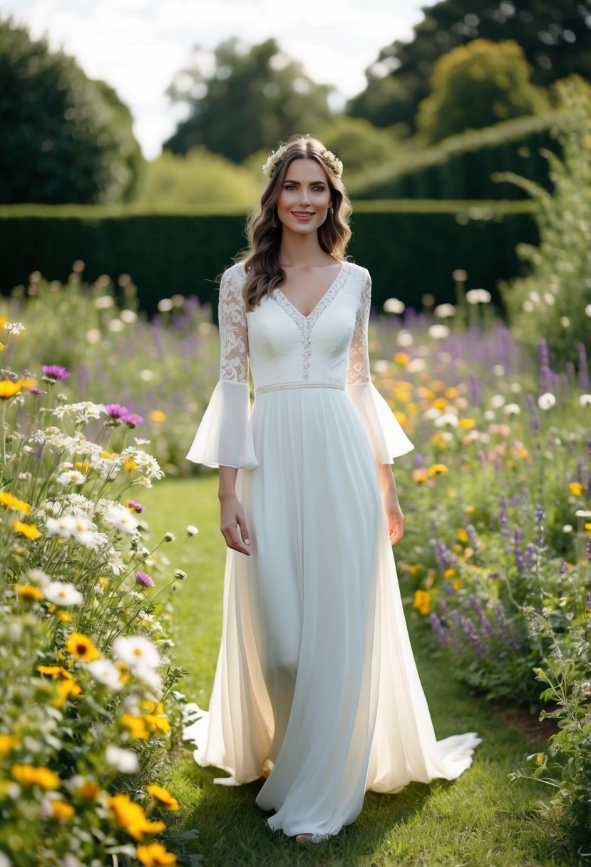 A bride standing in a garden wearing a boho wedding dress with flared 3/4 sleeves, surrounded by wildflowers and flowing fabric