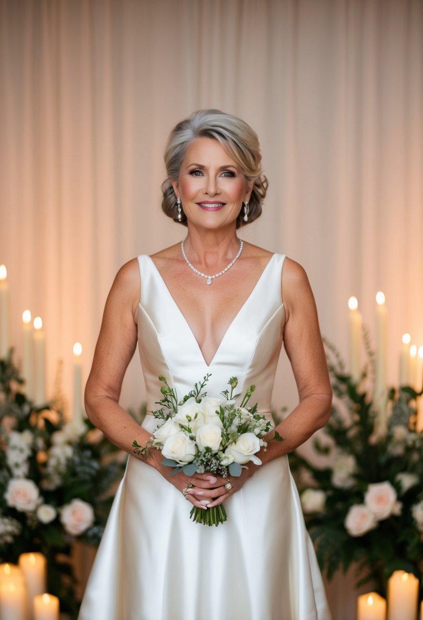 A 50-year-old bride stands in a chic v-neck satin gown, surrounded by soft candlelight and elegant floral arrangements