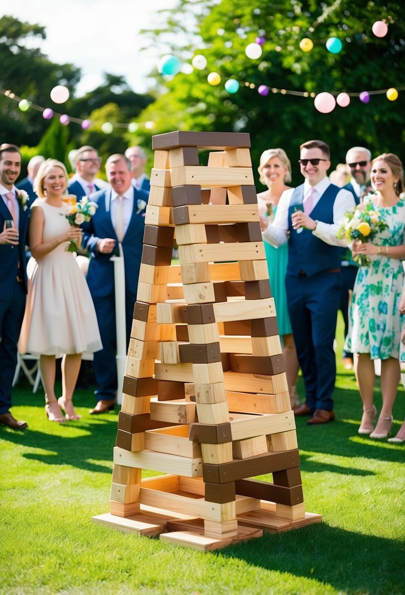 A giant Jenga game set up on a well-manicured lawn at a wedding, surrounded by cheerful guests and colorful decorations