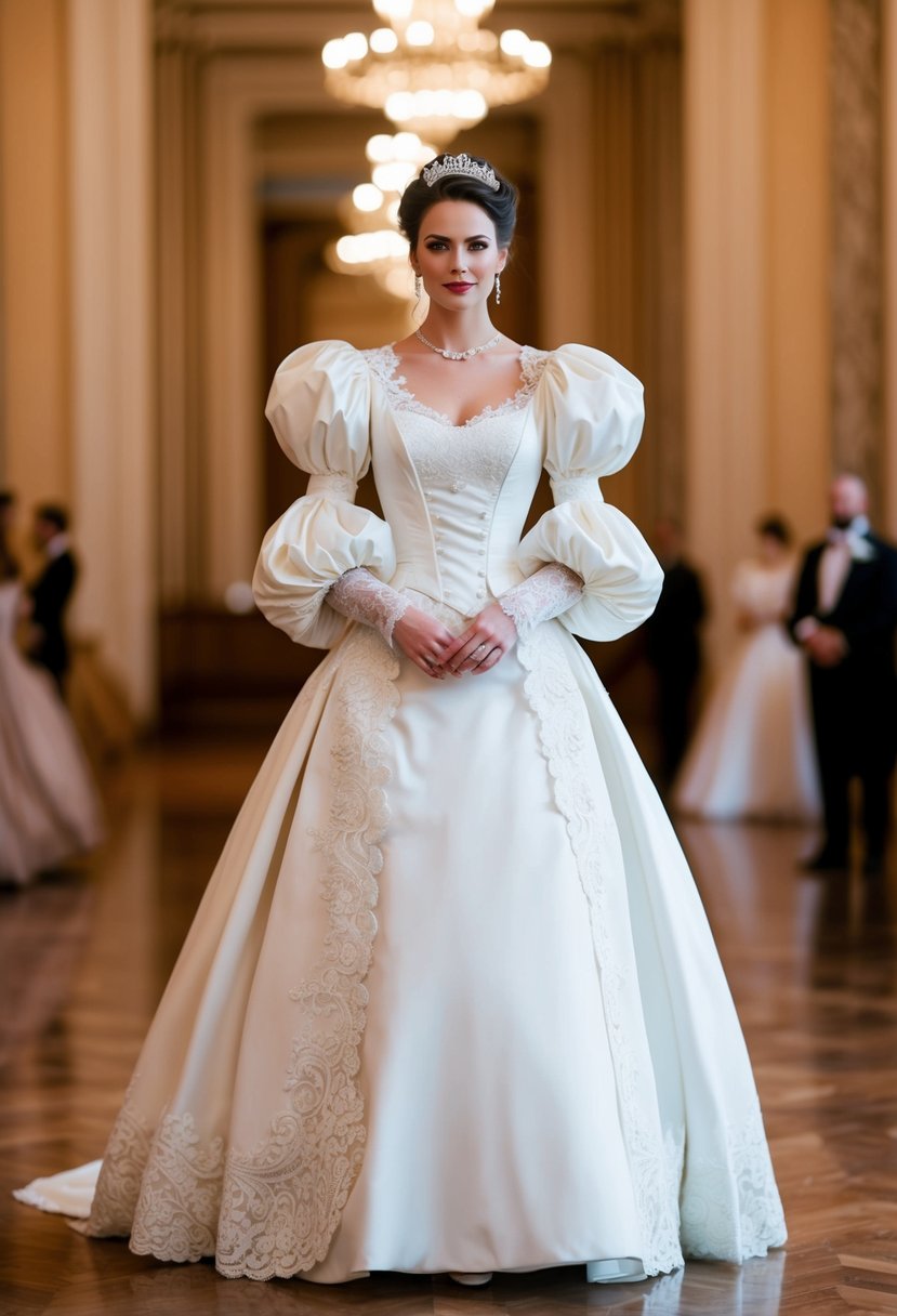 A bride stands in a grand ballroom wearing a Victorian-inspired wedding dress with voluminous puff sleeves, intricate lace detailing, and a flowing 3/4 length skirt