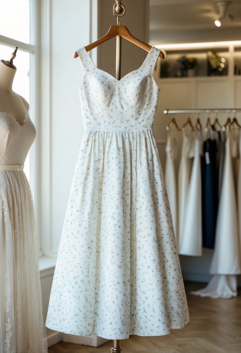 A white A-line dress adorned with small ditsy floral prints, hanging on a vintage mannequin in a sunlit bridal boutique