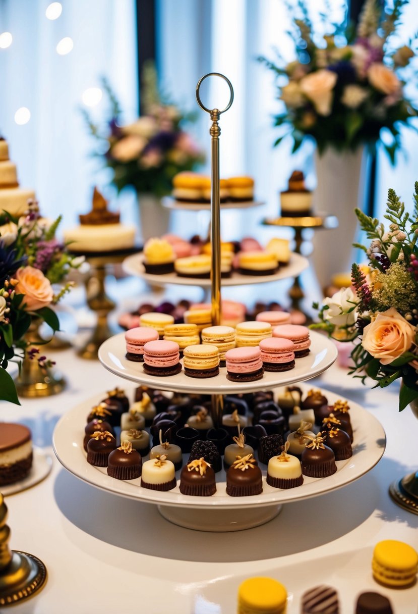 A dessert station featuring a variety of unique treats such as macarons, mini cheesecakes, and chocolate truffles, displayed on elegant serving platters and surrounded by decorative floral arrangements