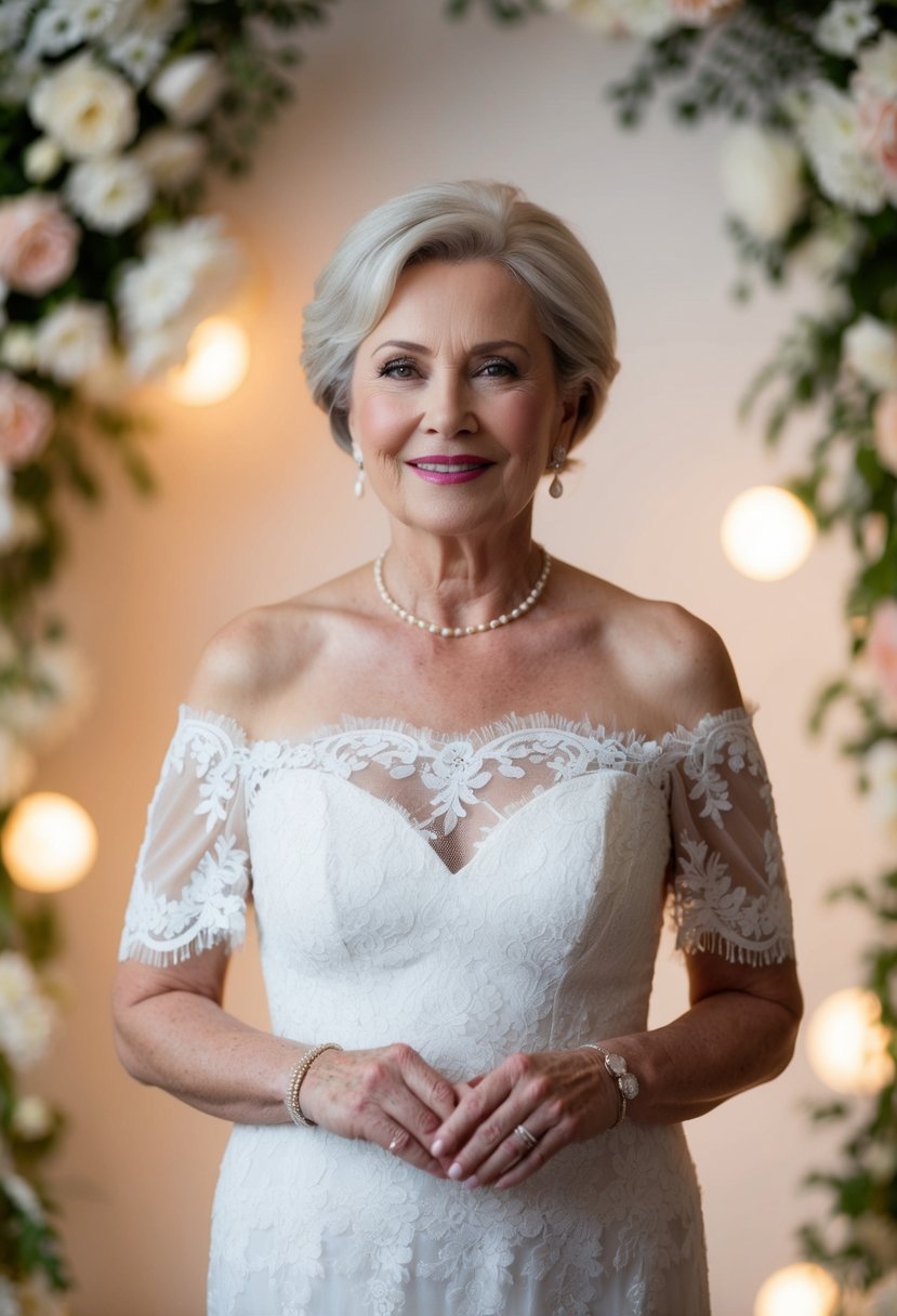 A 60-year-old woman in an elegant lace off-the-shoulder dress, surrounded by soft lighting and delicate floral accents