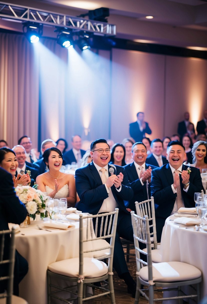 A stage with a microphone and spotlight, surrounded by tables and chairs. Laughter and applause from an audience at a wedding reception