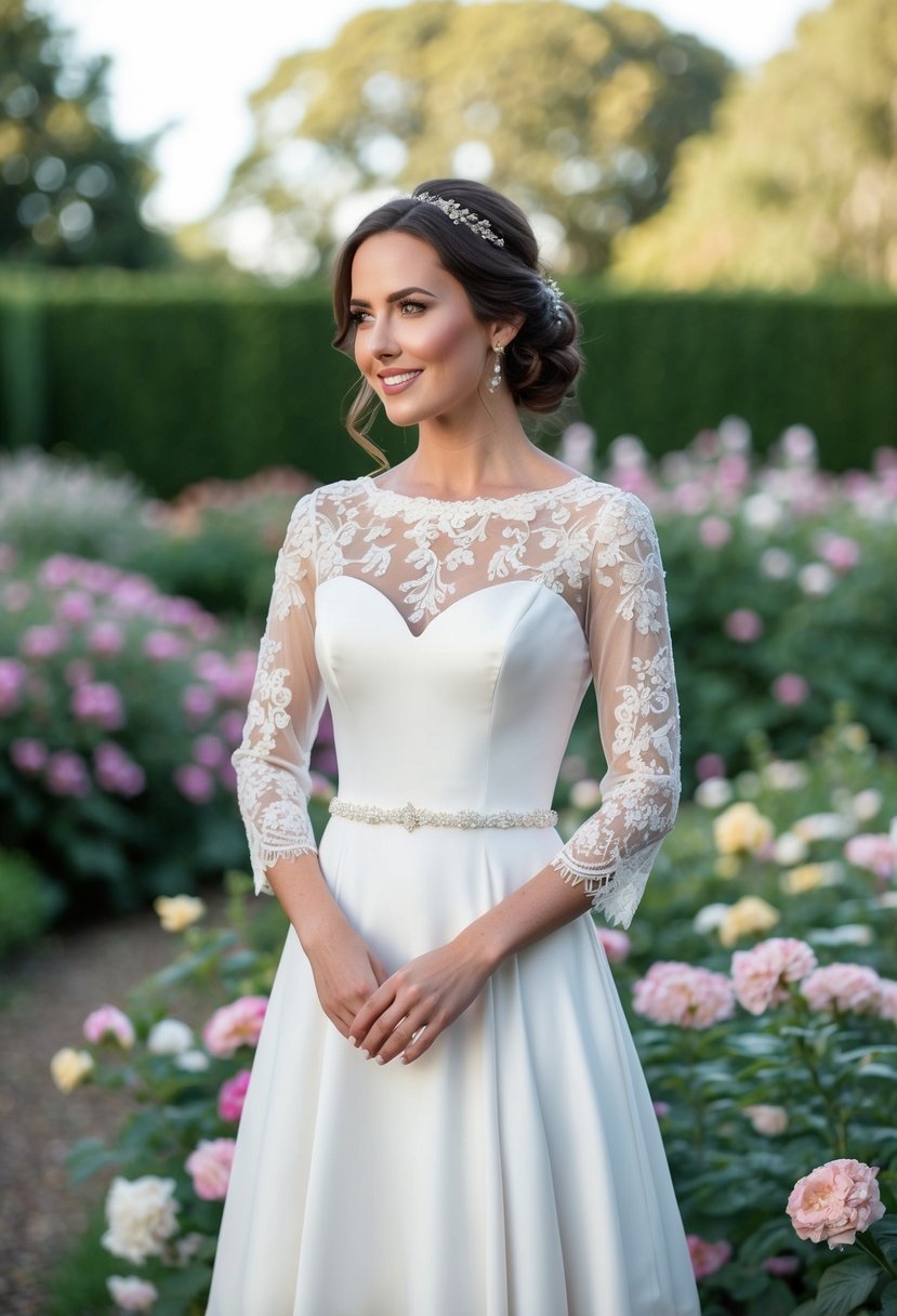 A bride wearing a 3/4 sleeve wedding dress with delicate Chantilly lace sleeves, standing in a garden surrounded by blooming flowers